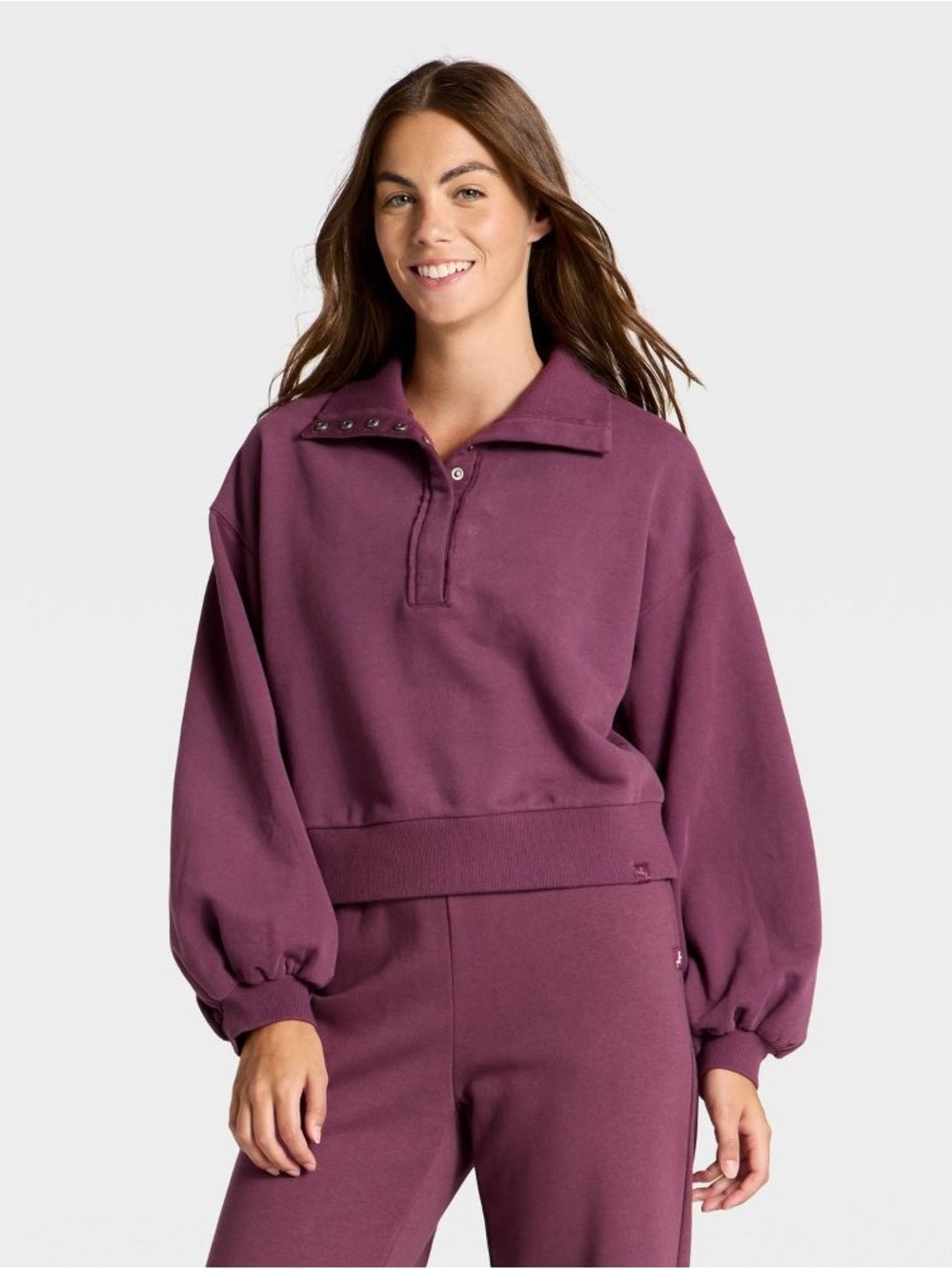 JoyLab Snap-Collar Pullover Sweatshirt in Plum